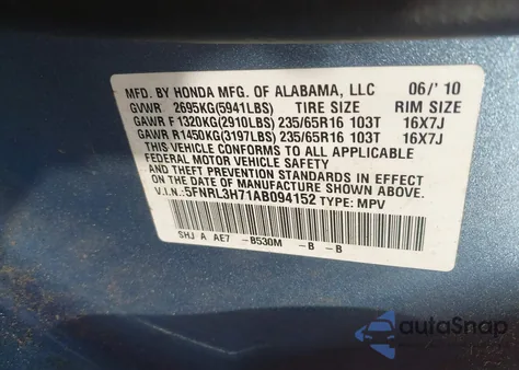 2010 Honda Odyssey Ex-L z USA, uszkodzony, nr VIN 5FNRL3H71AB094152